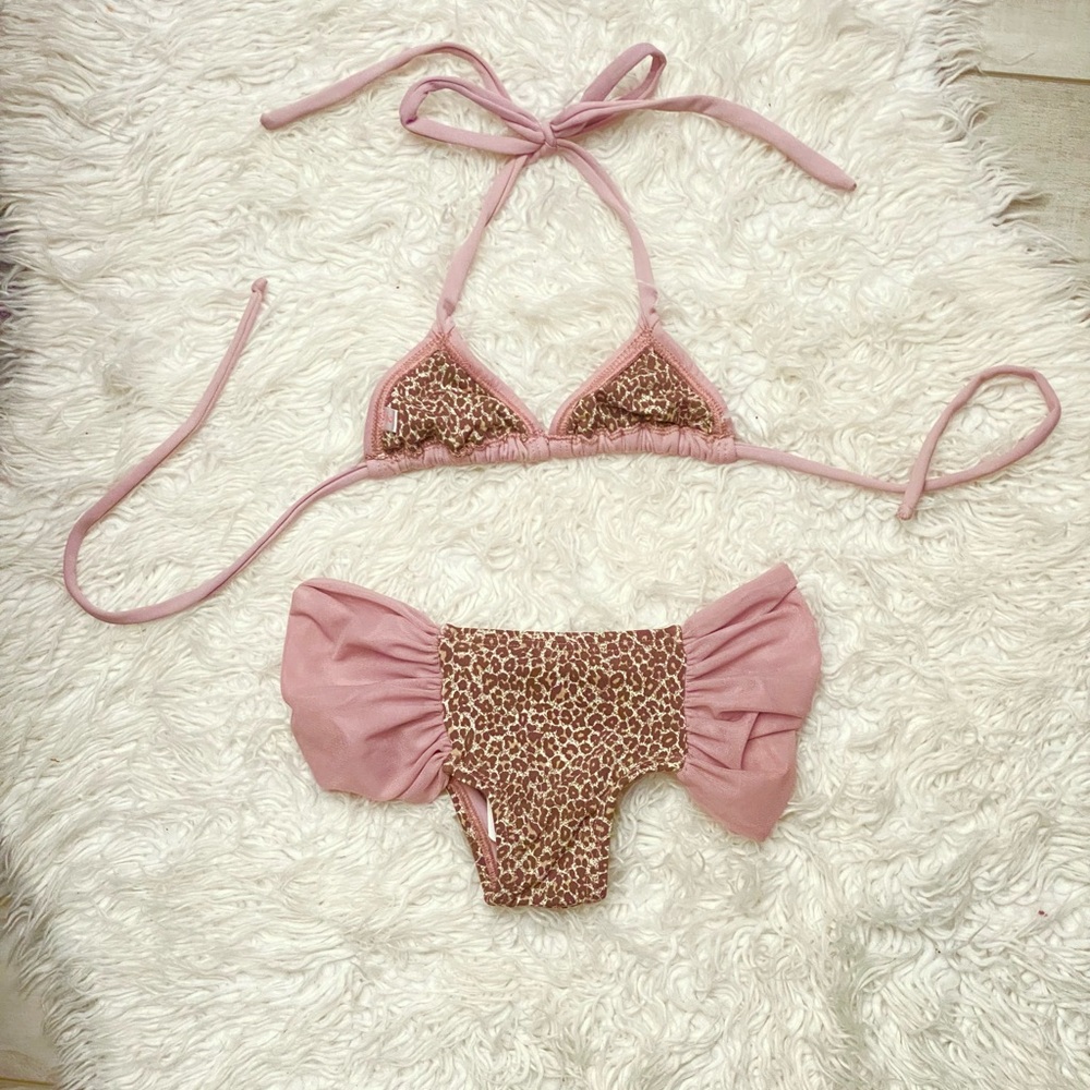 Kids Pink Leopard Print Bikini Set With Triangle Top and Ruffle Side Bottoms